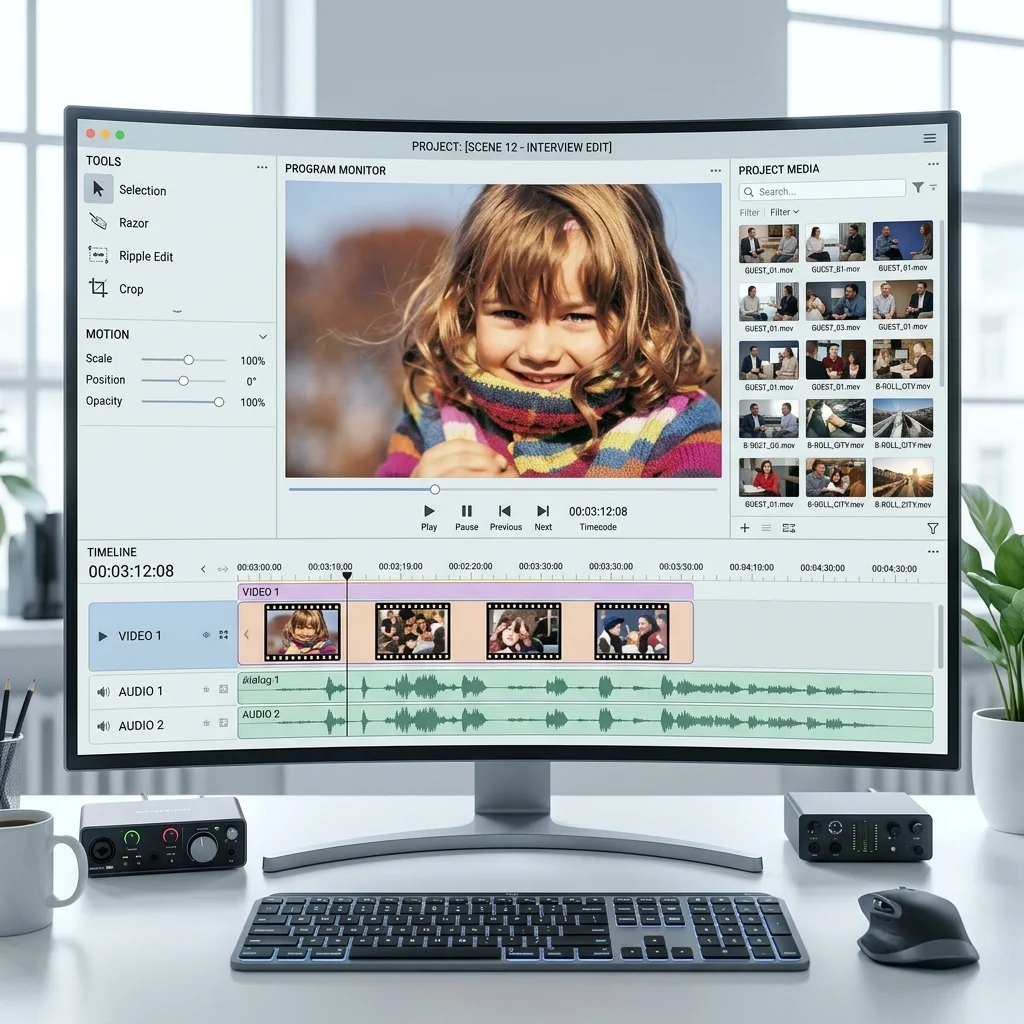 Video editing timeline on a modern monitor
