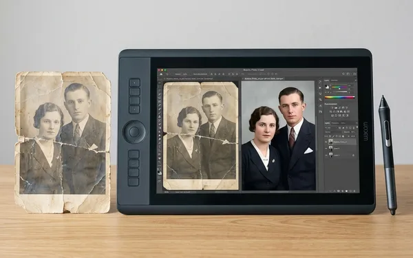 Digital photo restoration of torn and faded prints